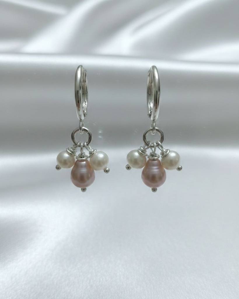 Sterling Silver Pink And White Pearl Hoops | Floating Necklace | Jewellery Set : SSPWHFLN