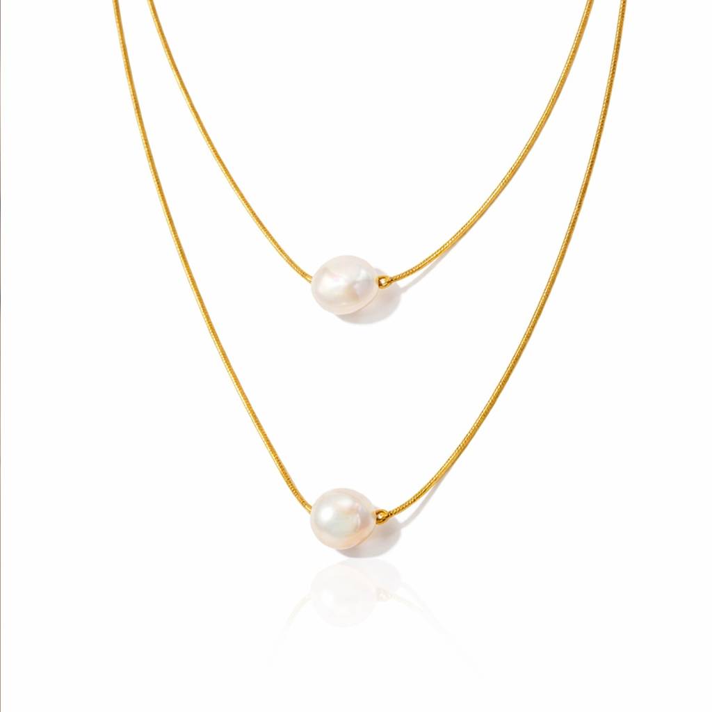 Elegant Double Pearl 18K Gold Plated Surgical Steel Necklace : 100019