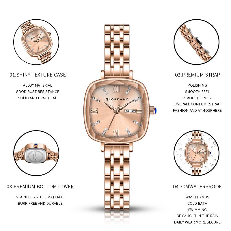 Giordano Elegant Square Rose Gold Watch For Women Â Crystal & Roman Hour Markers, Day-Date Display, Stainless  : GZ-60097-22