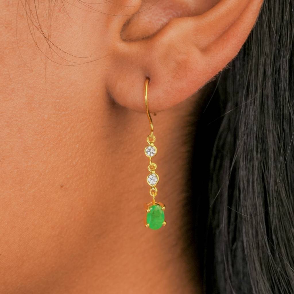 Emerald Drop Earrings With Cz Accents In 18K Gold-Plated 925 Silver : ER0008