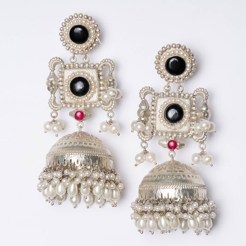92.5 Silver Lookalike Monalisa Stone Jhumka : HK-930-G