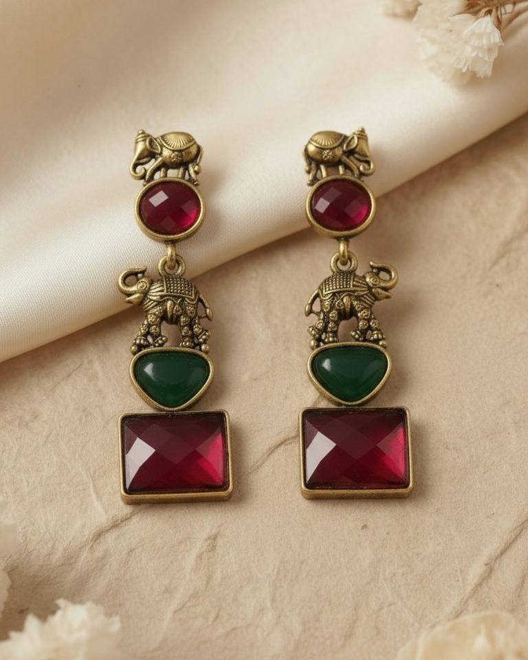 Antique Gold Elephant Design Long Drop Earrings : ORP106PinkGreen