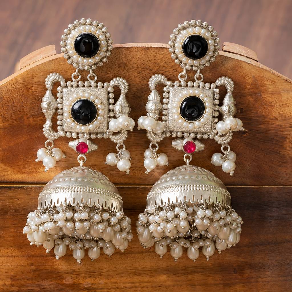 92.5 Silver Lookalike Monalisa Stone Jhumka : HK-930-G
