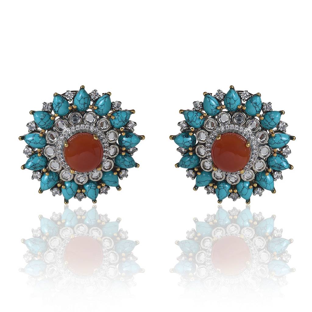 Turquoise And Red Onyx Tops Earrings