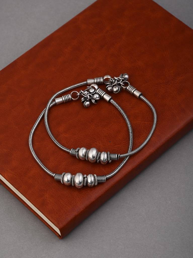 Anvik Silver Oxidised Triple Bead Brass Anklet · Eternz