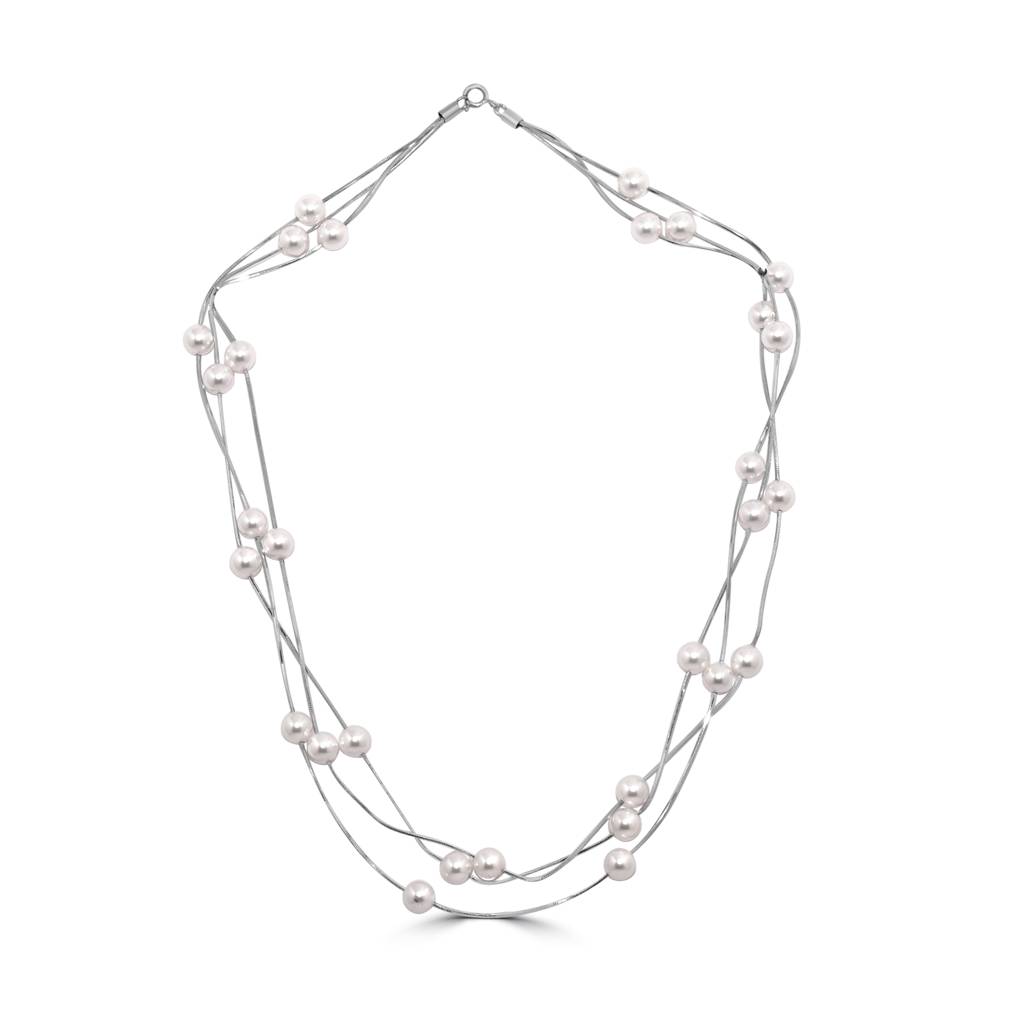 925 Sterling Crisscross Three Liner Pearl Necklace | Pearl Station Necklace : NL1057