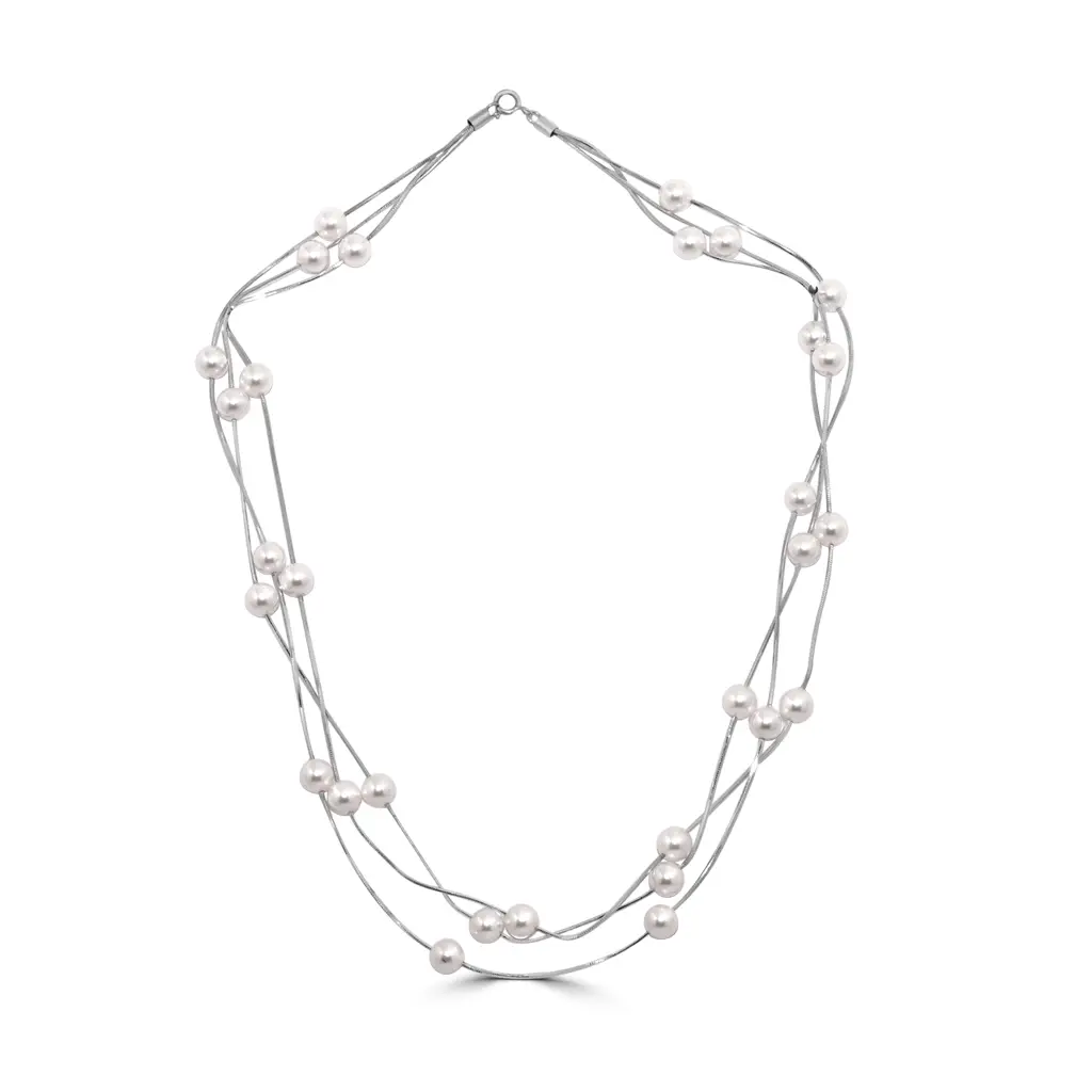925 Sterling Crisscross Three Liner Pearl Necklace | Pearl Station Necklace : NL1057