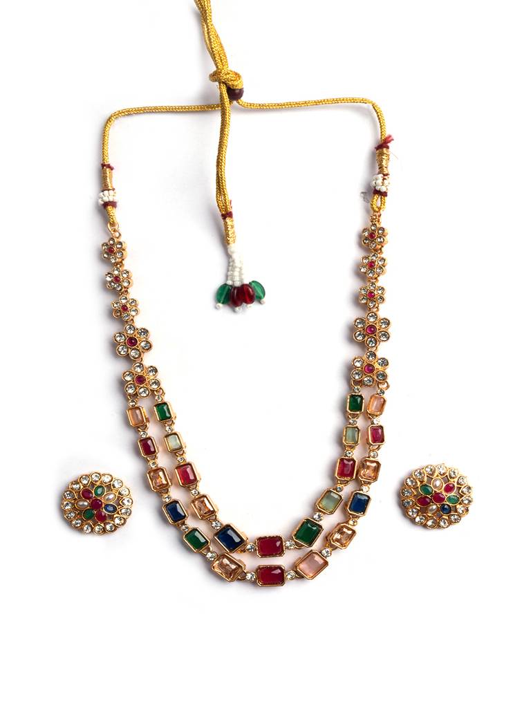 Floral Design Dual Line Multi Kemp Stones Necklace Set : SATJS339