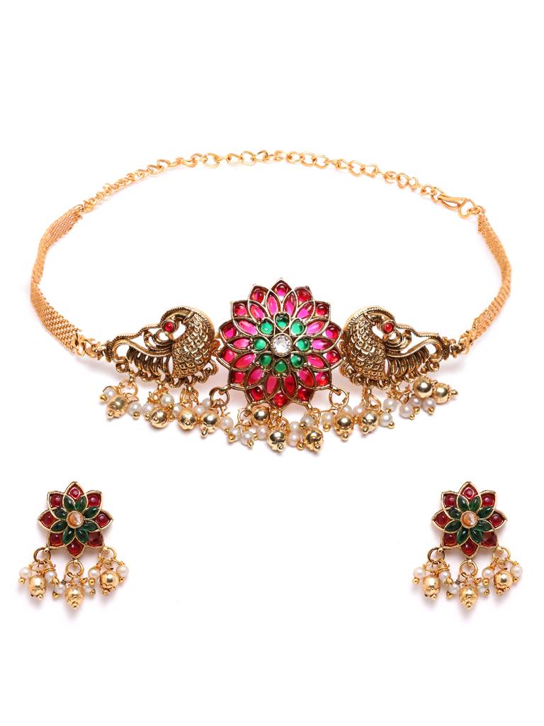 Â Gold Plated Floral Choker With Earrings Set : SATJS335MULTI
