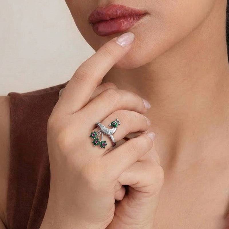 Peacock Adjustable Ring With Cz Stones – Statement Finger Ring : AD-204-IRGNRING