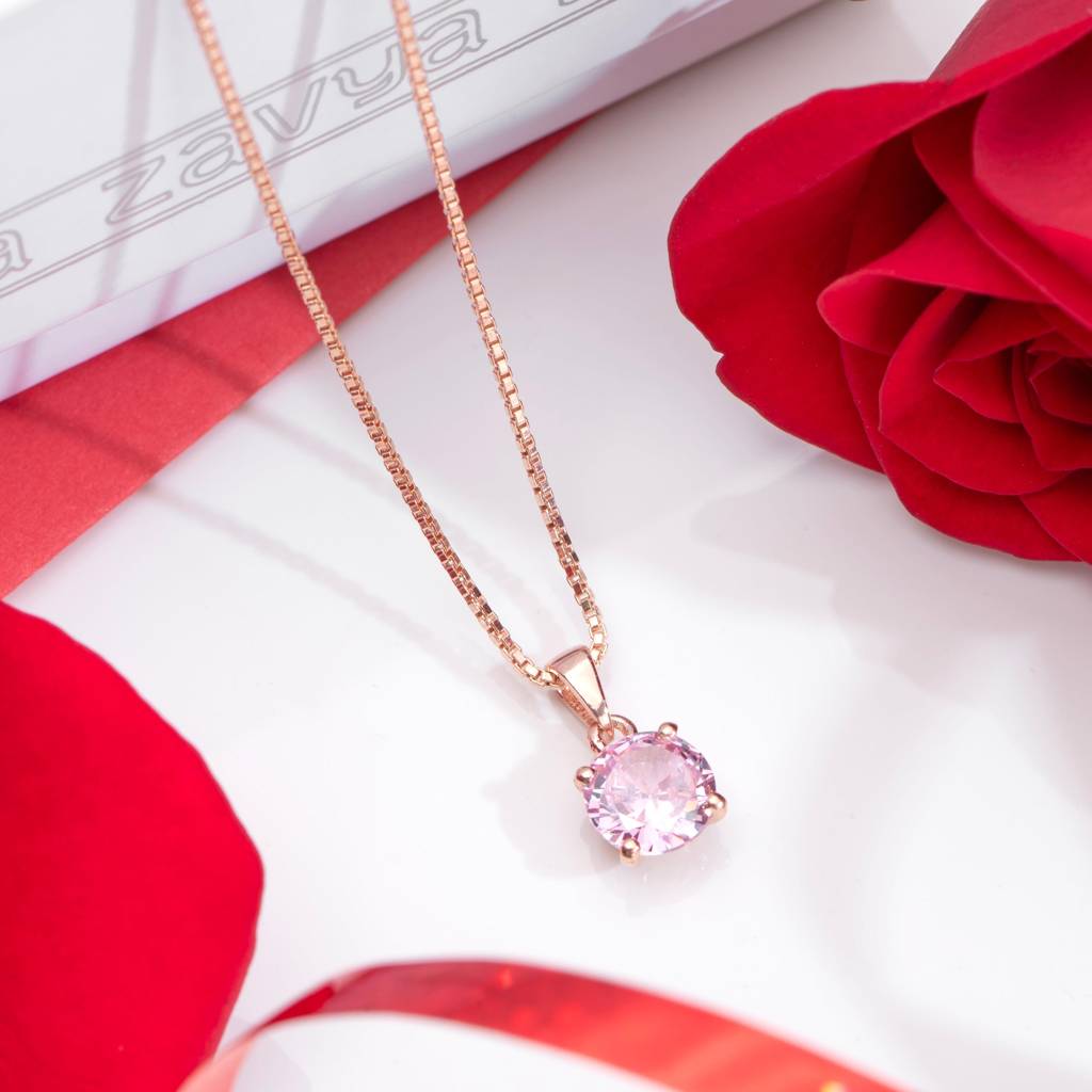 Blush Elegance - Pink Solitaire Rose Gold Plated 925 Silver Necklace : PEN-30024-C