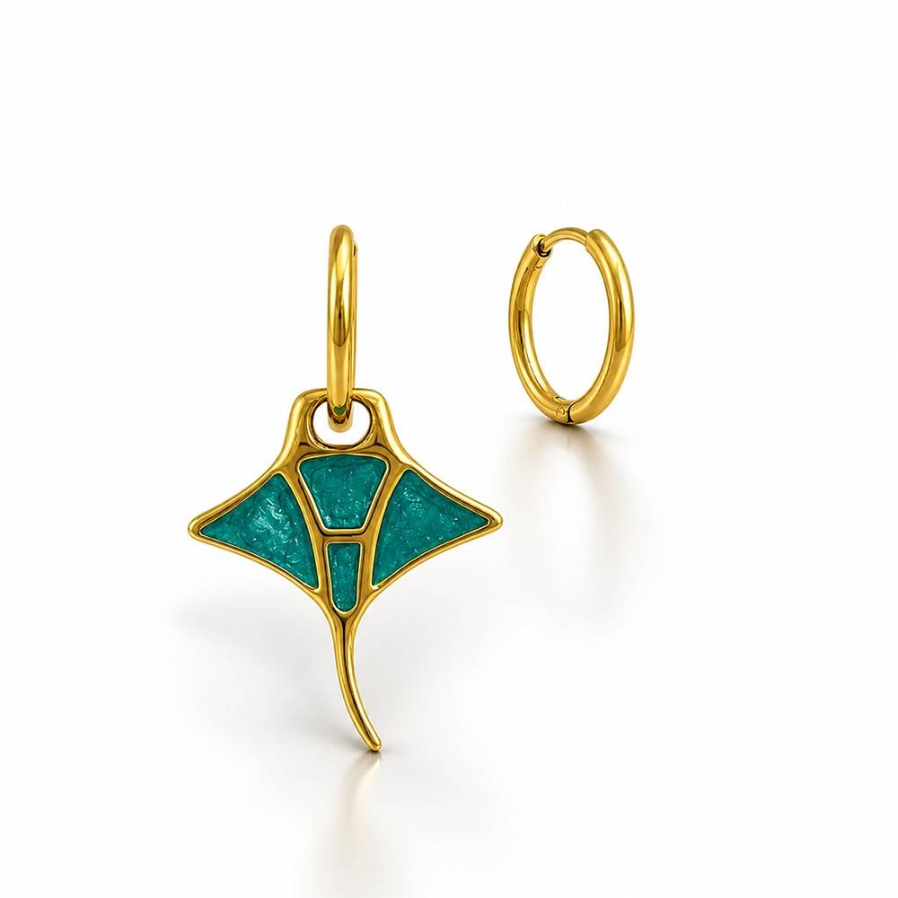Women 18K Gold-Plated Turquoise Blue Manta Ray Hoop Drop Earrings : 101176