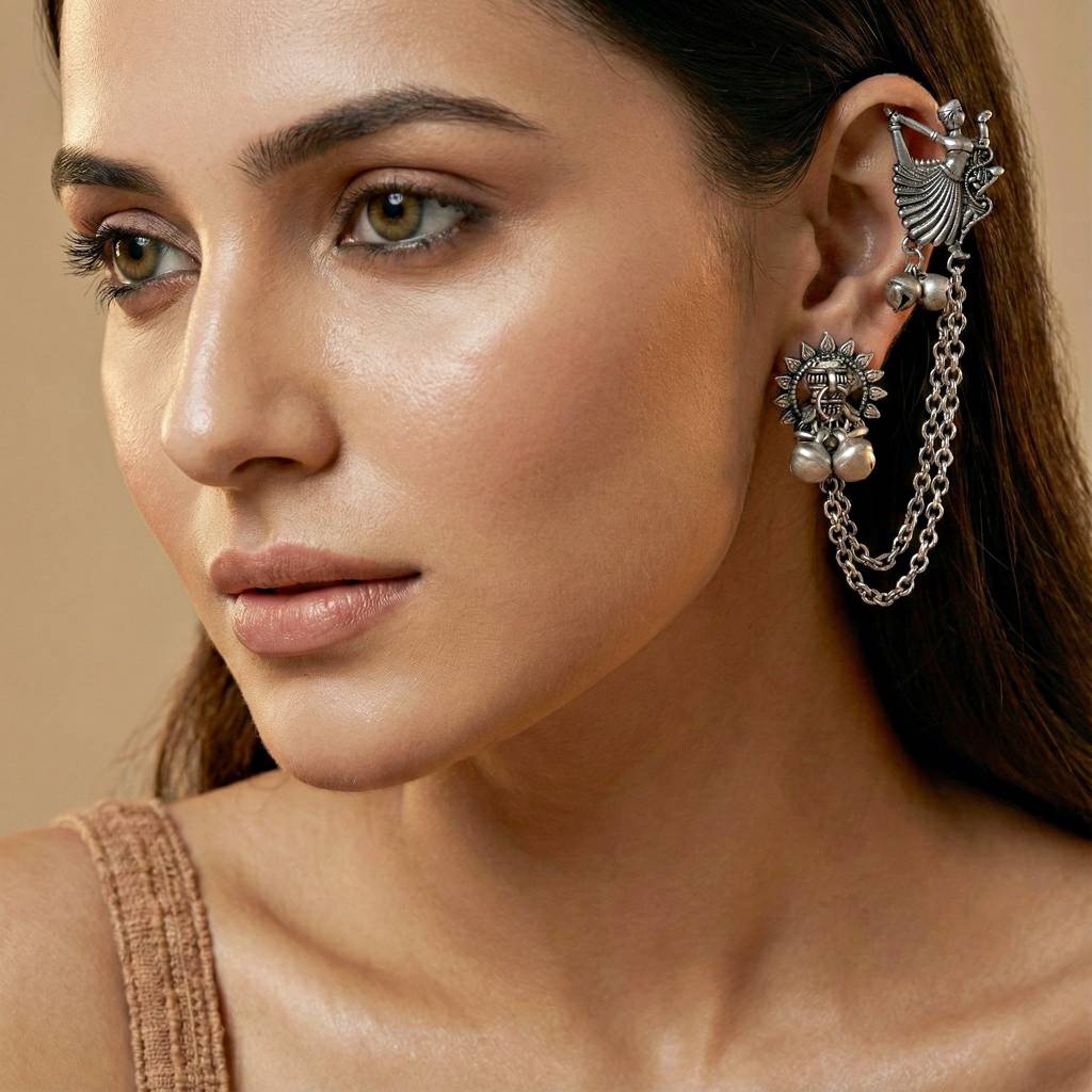 Oxidised Silver Leaf Floral Ear Cuff With Ghungroo Chain Drop Earrings : 258-KK2O-10672