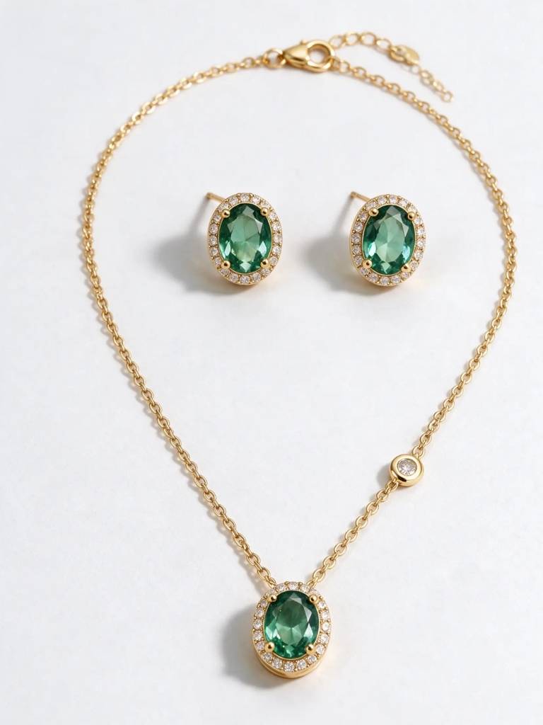 Pino Green Oval Halo Necklace & Earring Set, 18K Gold-Plated : SET1056GRSS