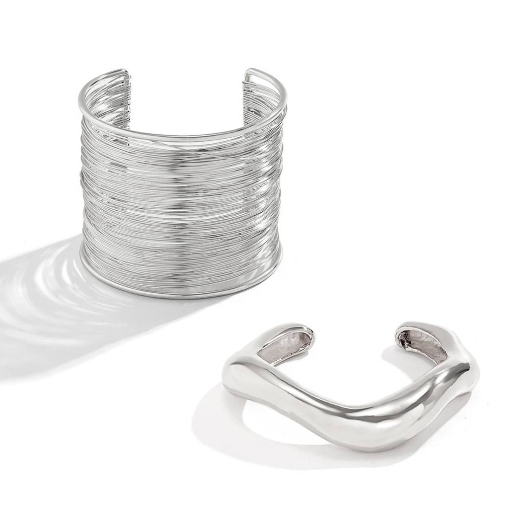 Gold/Silver Plated Anti-Tranish Bold Chunky Coil Wire And Wavy Statement Open Cuff Bracelet Combo : ADNSX0525B6712SC2