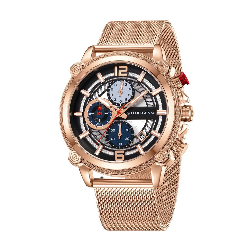 Analog Quartz Watch For Men With Round Textured Dial, Multifunction Sub-Dials, Date Display And Mesh Metal Strap : GZ-50039-44