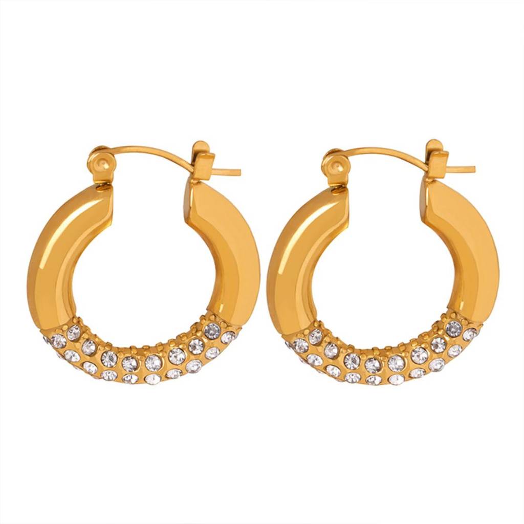 18K Gold Plated Waterproof Antitarnish Titanium Steel Rhinestone Hoop  Earrings Gold Stainless Steel