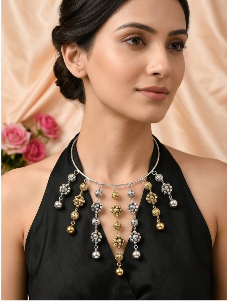 Antique Oxidised Engraved Bead Statement Boho Hasli Choker Necklace : VI26NK0105