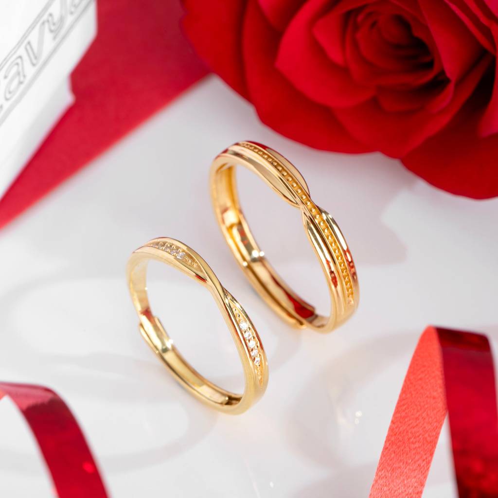 Eternal Radiance Golden Harmony Cz Couple 925 Sterling Silver Ring Set  (Adjustable) Sterling Silver Gold