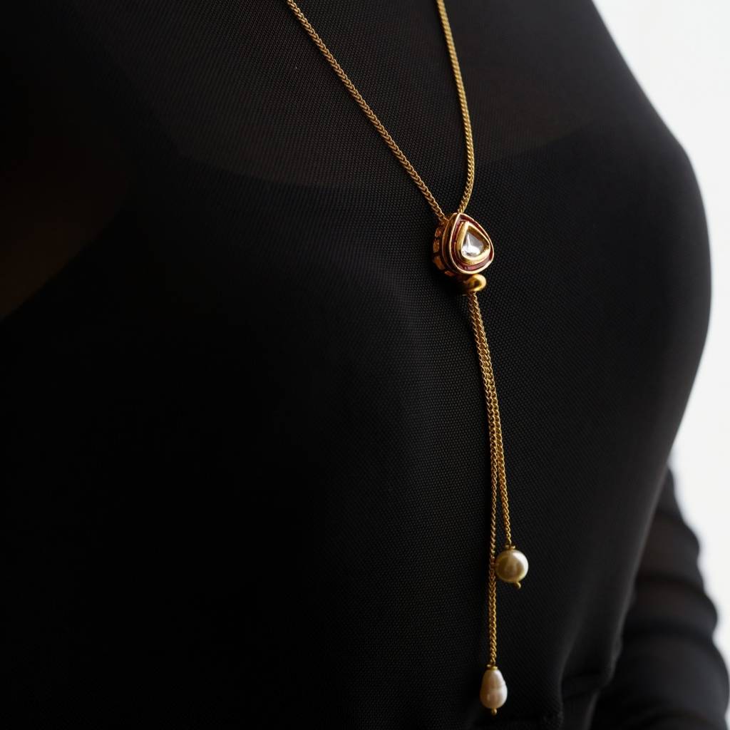 22Kt Gold-Plated Red Enameled Kundan Lariat : LN10005