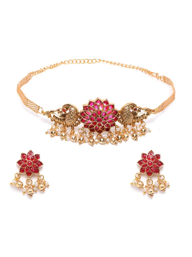 Â Gold Plated Floral Choker With Earrings Set : SATJS335RED