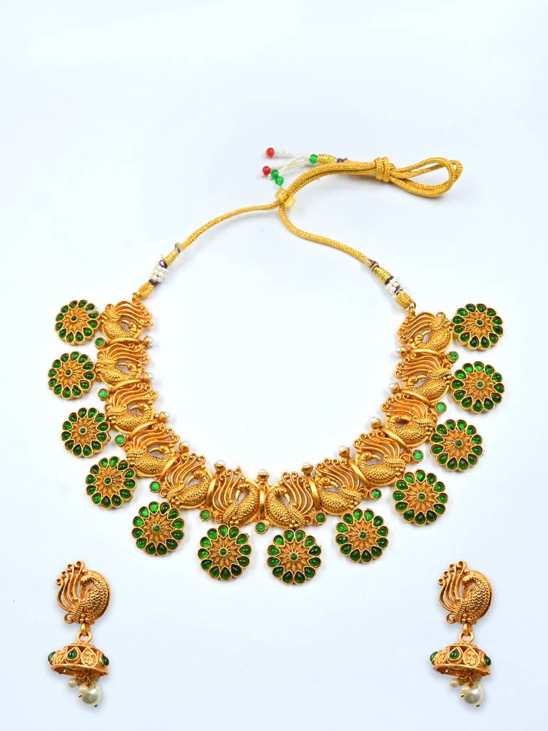 Gold Plated Peacock Necklace Set : SATJS525GREEN