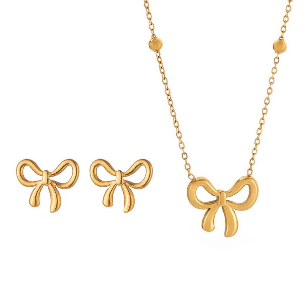 18K Gold Plated Waterproof Anti-Tarnish Bow Pendant Necklace And Stud Set (Pack Of 2) : ASJ0125PS849C