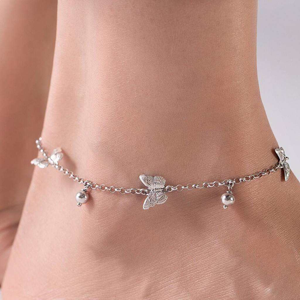 Triple Butterfly Rhodium Plated 925 Sterling Silver Anklet : ANK-60249-PAIR