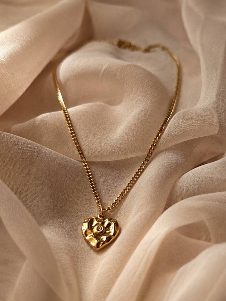 18K Gold Heart Charm Necklace With Cz | Anti Tarnish Chain : ATC240HSC