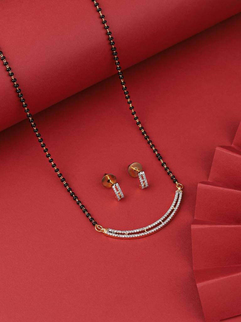 Ad Stone Mangalsutra Set For Women – Gold Plated Double Line American Diamond Mangalsutra Necklace With Matching Ear : SURYAMG