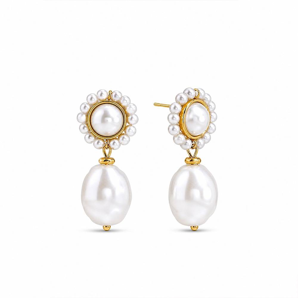 Women 18K Gold-Plated Pearl Halo Baroque Pearl Drop Earrings : 101241