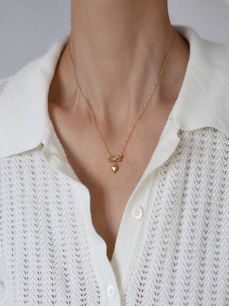 Bow Heart Pendant Necklace 18K Gold Plated Waterproof Anti-Tarnish : AJY1025P551