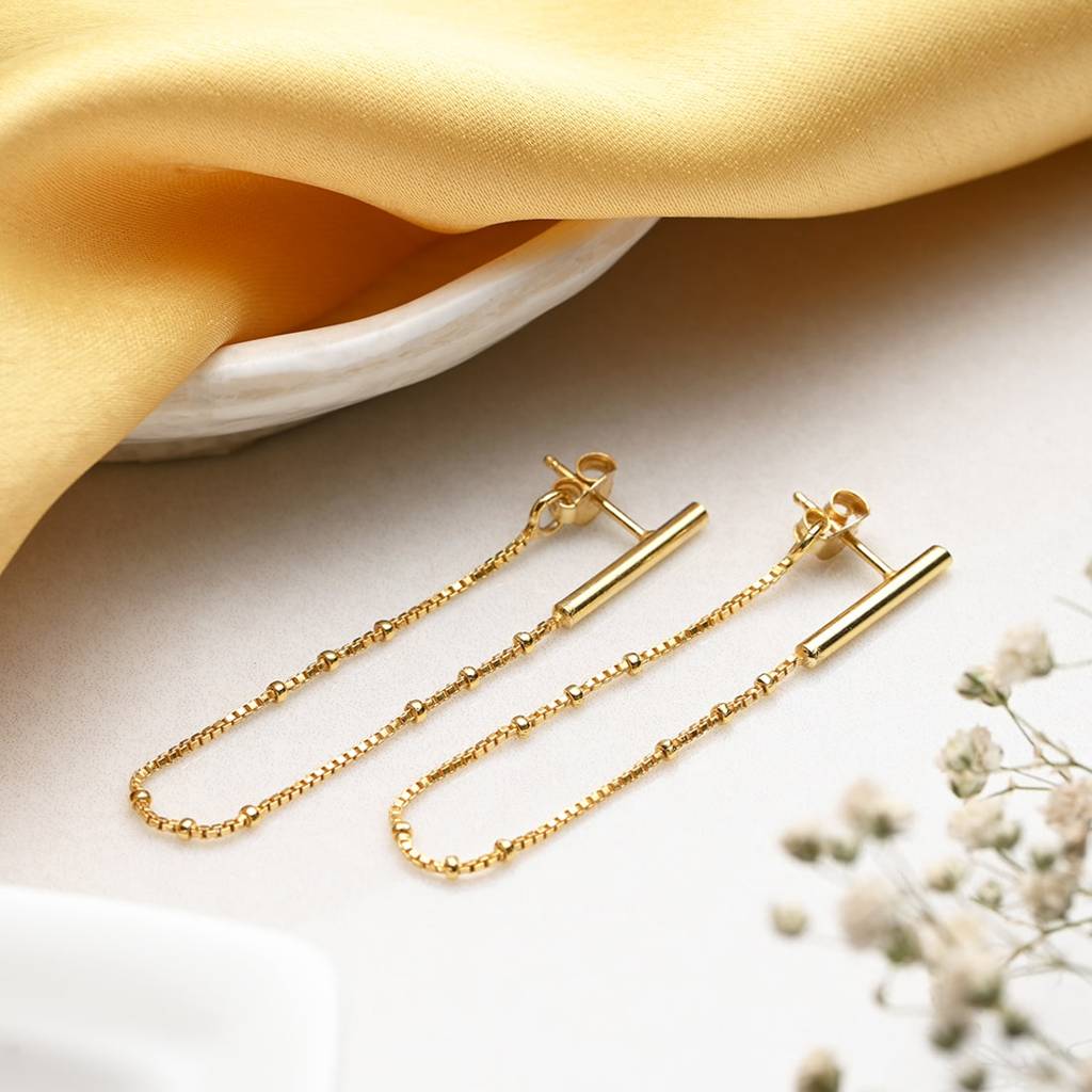 Golden Cascade 925 Sterling Silver Stud Earrings With Drop Chain Look : EAR-20424