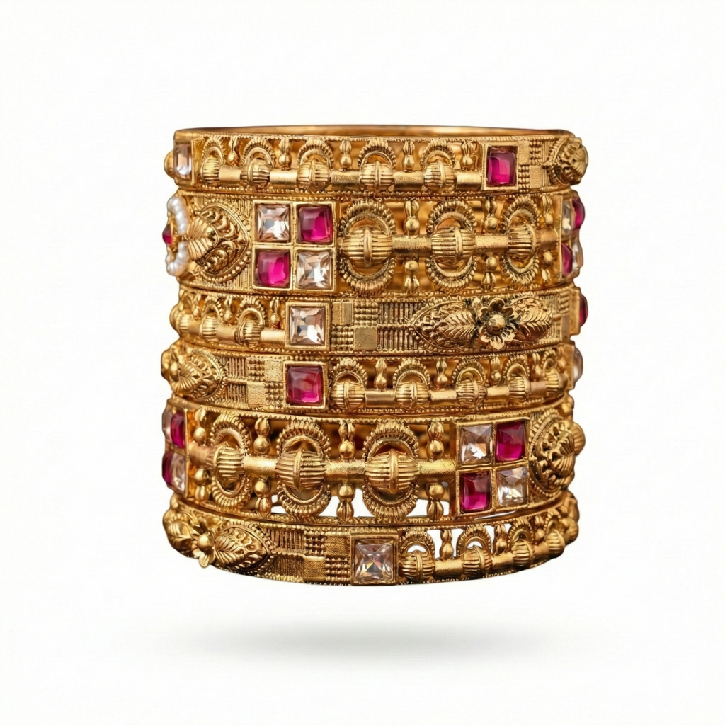 Antique Gold Plated Bangle Stack With Ruby & Clear Cz Stones – Traditional Indian Bridal Set : BV-BG-2-24