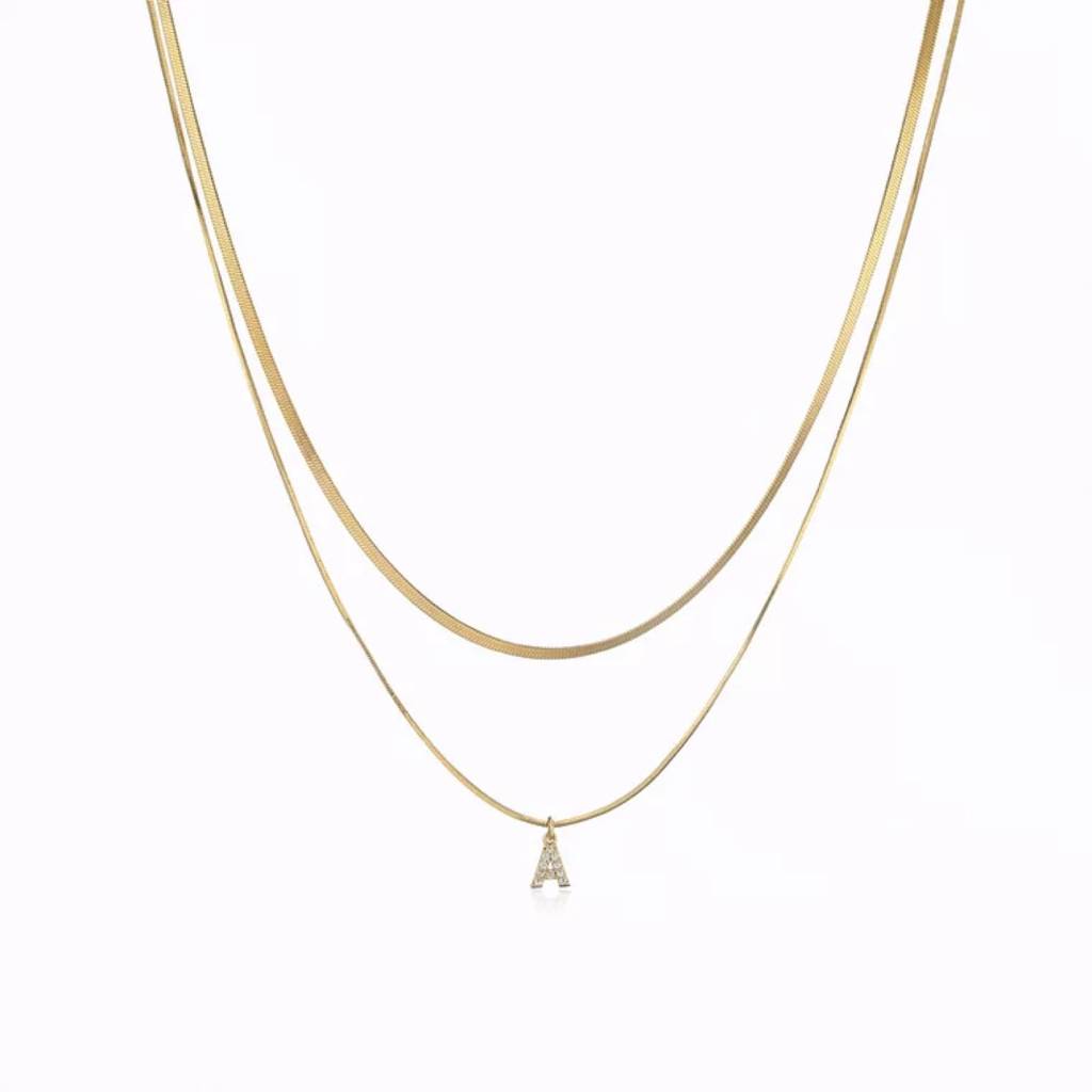 18K Gold Plated Anti-Tarnish Initial Letter Zircon Pendant Layered Necklace : ATO0624NK400GA