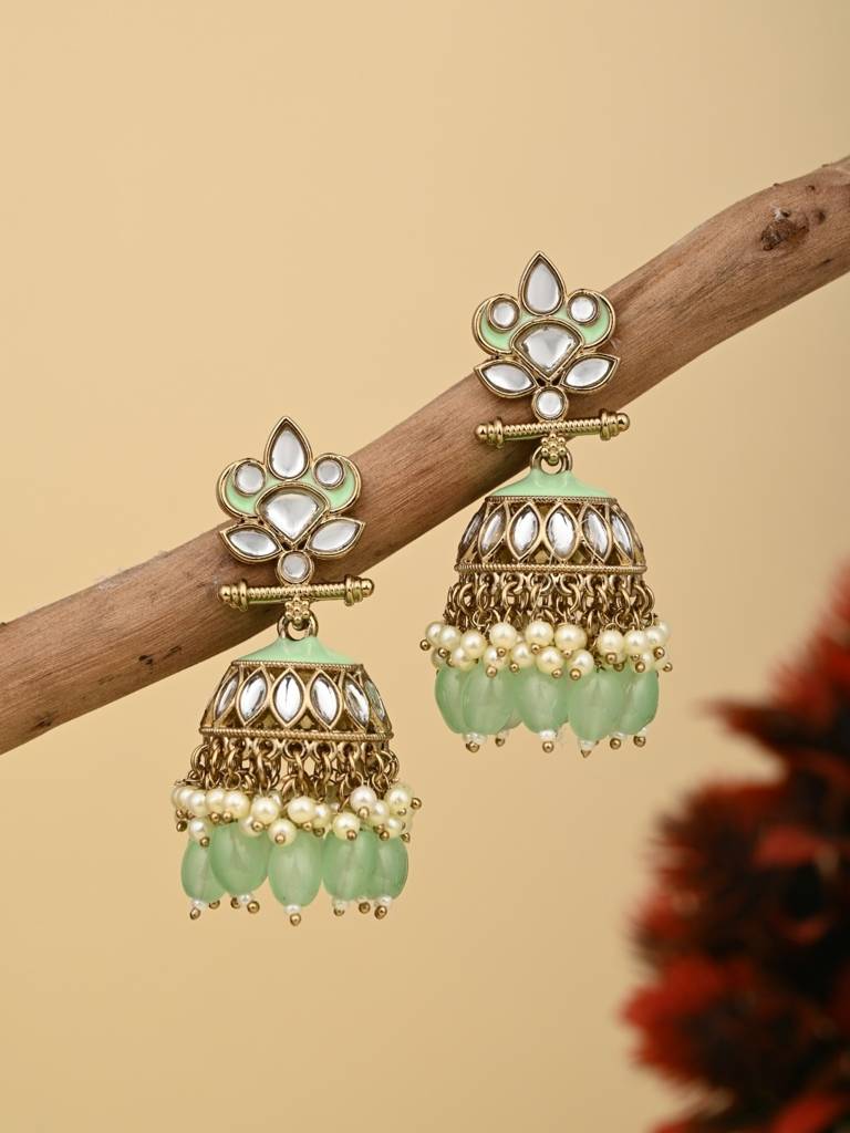 Gold Plated Kundan & Meenakari Jhumka Earrings : S24FAER411SGRN