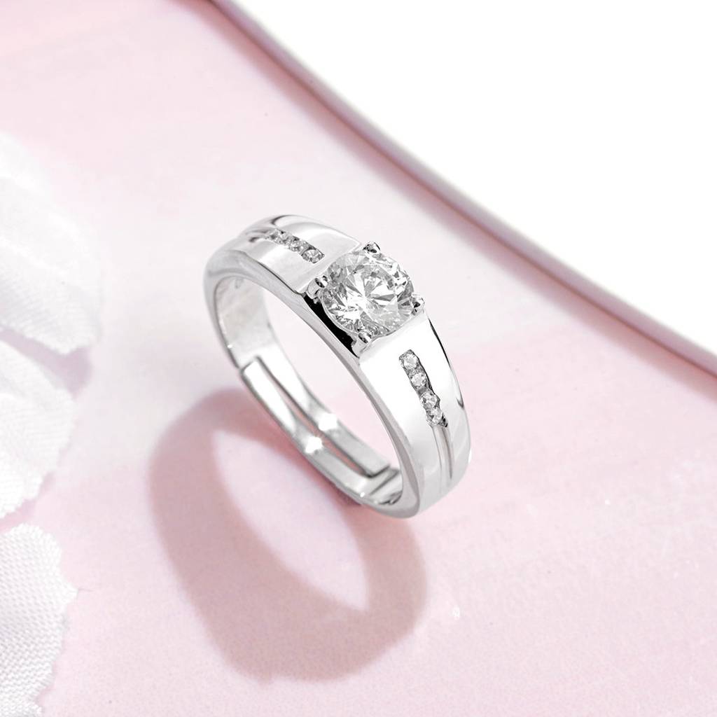 Cubic Ziconia Studded Solitaire 925 Sterling Silver Ring For Him (Adjustable) : RNG-40141