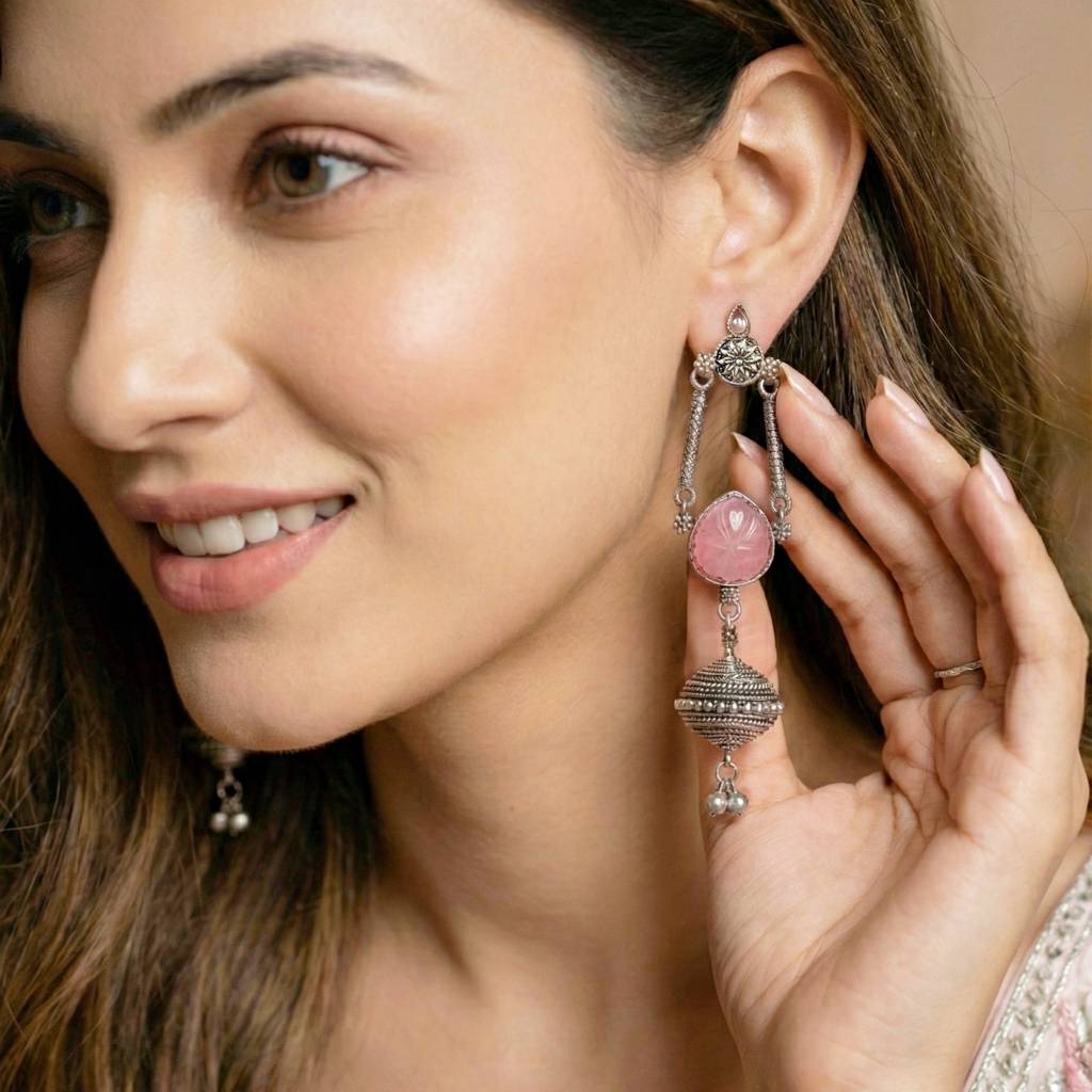 Trendy Celebrity Inspired Oxidised Stone Long Dangler Earrings : 370-KEG-13541-PK-S