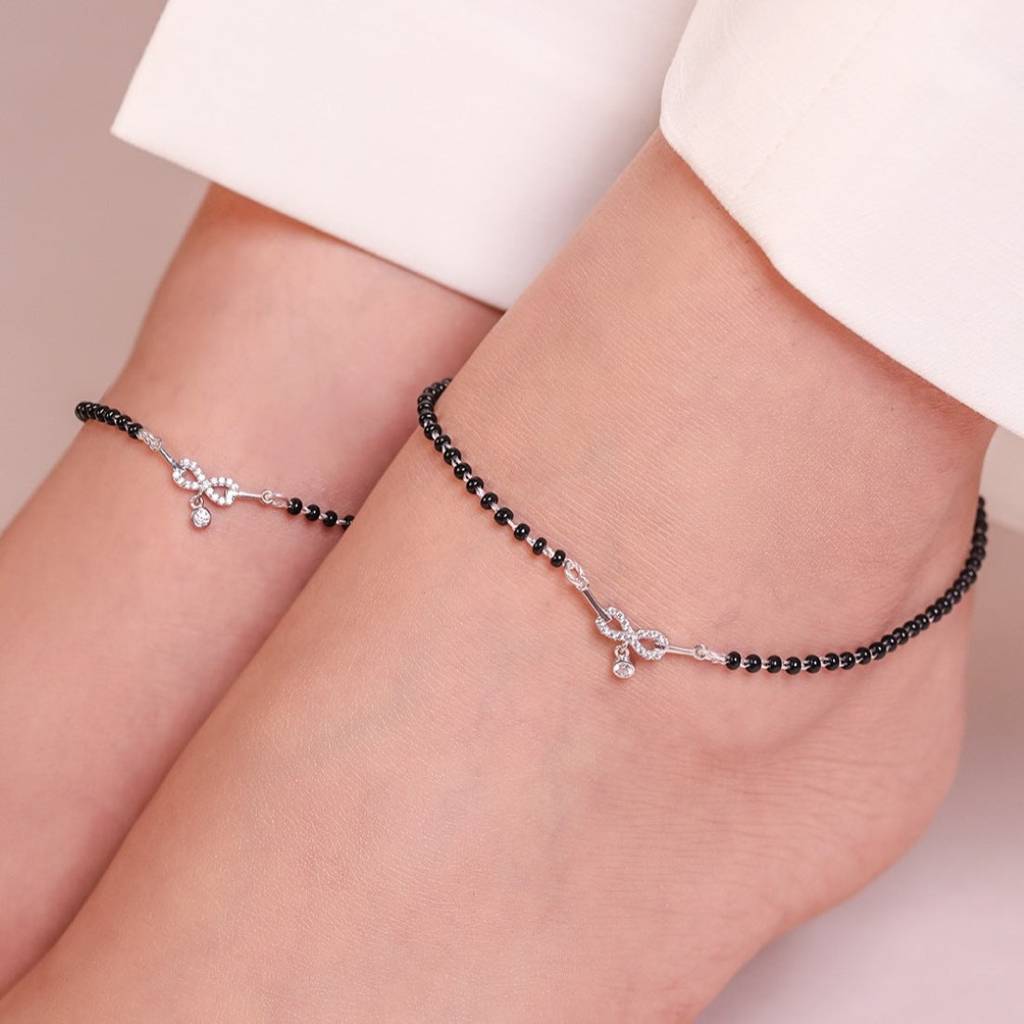 Radiant Charm Rhodium-Plated 925 Sterling Silver Anklet With Beaded Chain : ANK-60299-PAIR-S