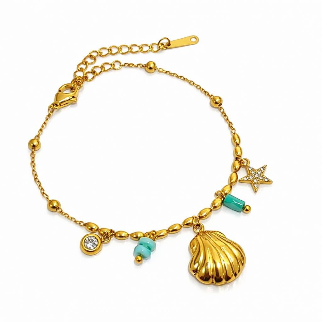 Gold Plated Ocean Charm Bracelet For Women | Shell & Starfish Charm Chain Bracelet : 100695