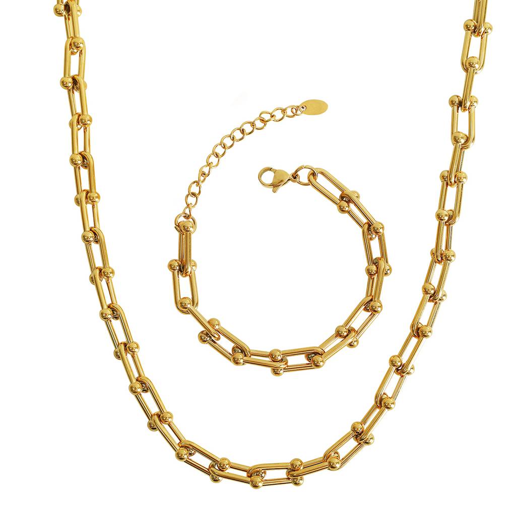 8K Gold Plated U-Shaped Chain Link Necklace And Bracelet : ATO0624NB005G