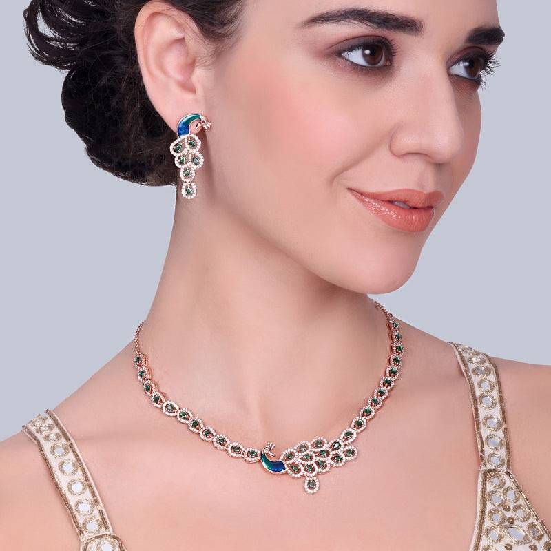 Peacock Accent Cz Sparkle Necklace Set | Rose Gold Plated | Party & Festive Glam : AD-918-RGGNNKER