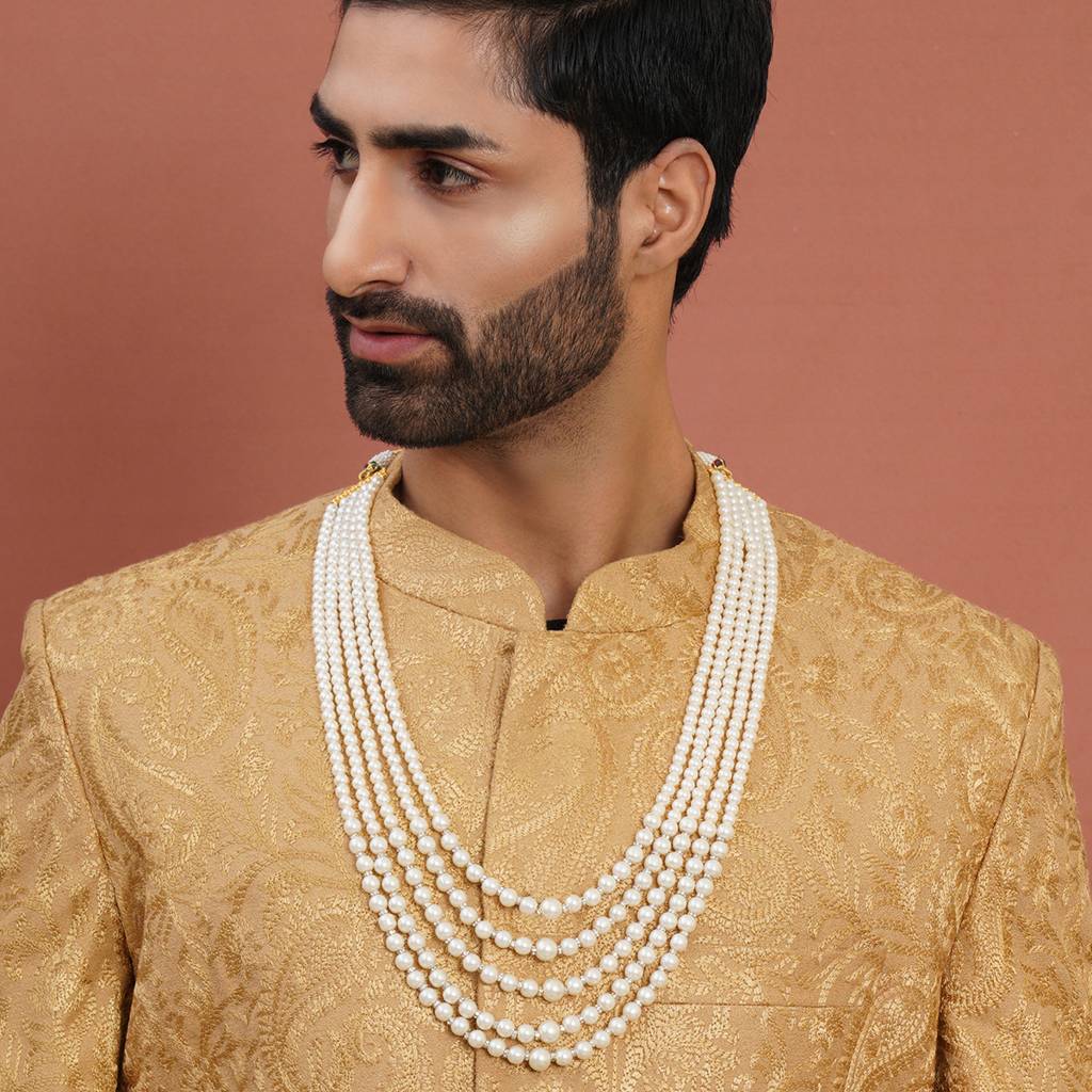 Pearl White And Crystal Beaded Layered Nekclace For Men : RRMFEB23-1