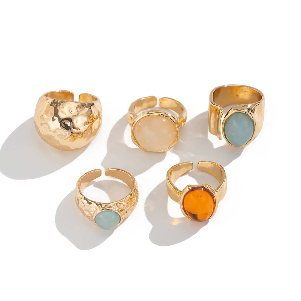 Gold Anti-Tarnish Multicolor Gemstone Hammered Statement Stack Rings(Set Of 5) : ADN0525R803