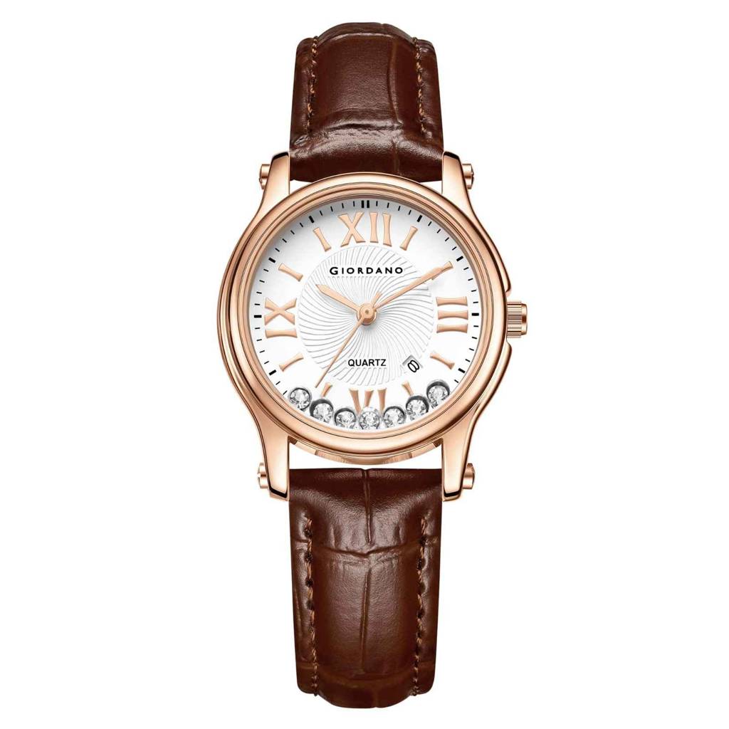 Giordano Luxury Analog Quartz Watch For Women Â Rose Gold Case, Roman Numerals, Crystal-Studded Dial, Leather  : GZ-60142-22