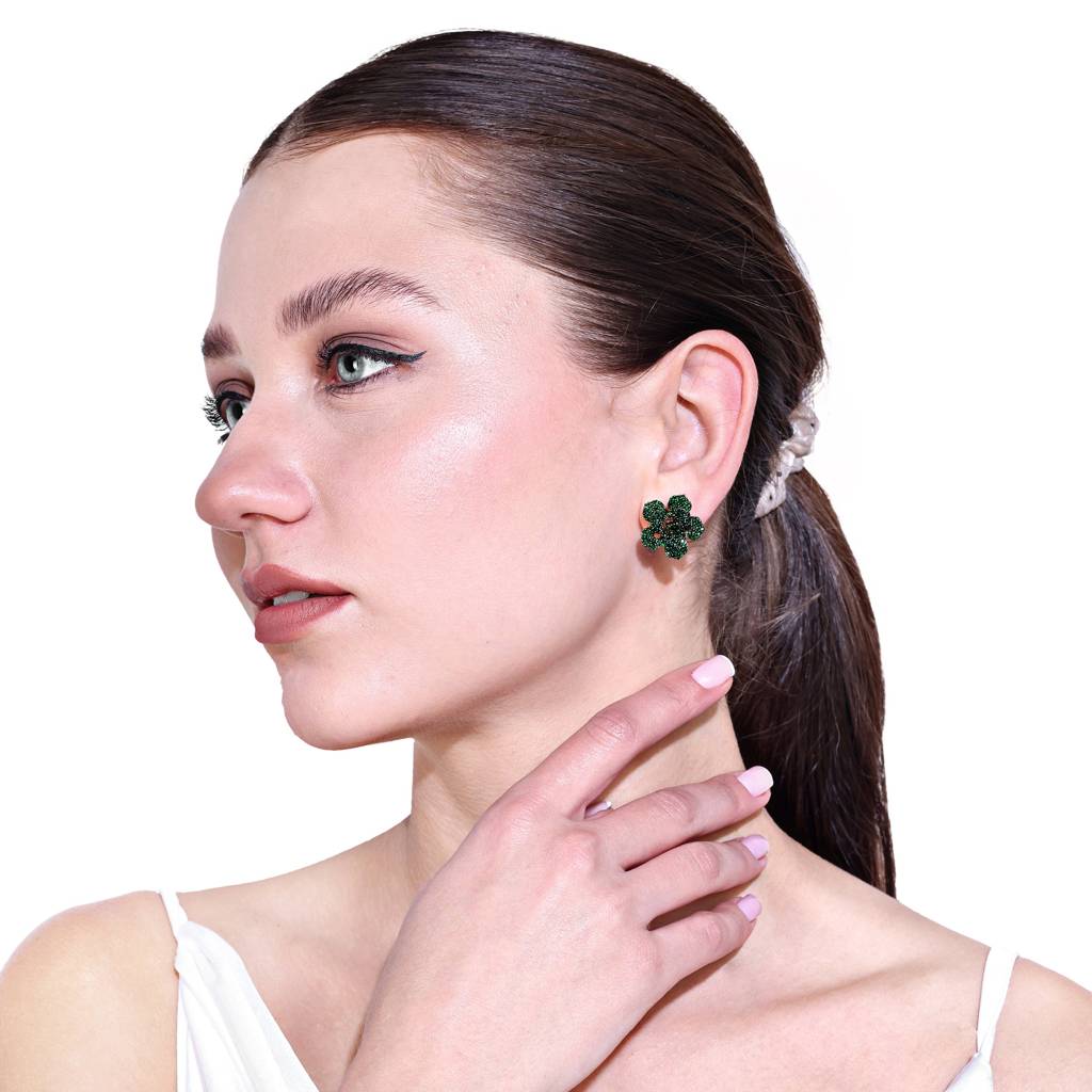Sparkling Green American Diamond Rose Motif Stud Earrings With Premium Rosegold Finish : AD-815-RGGNERER