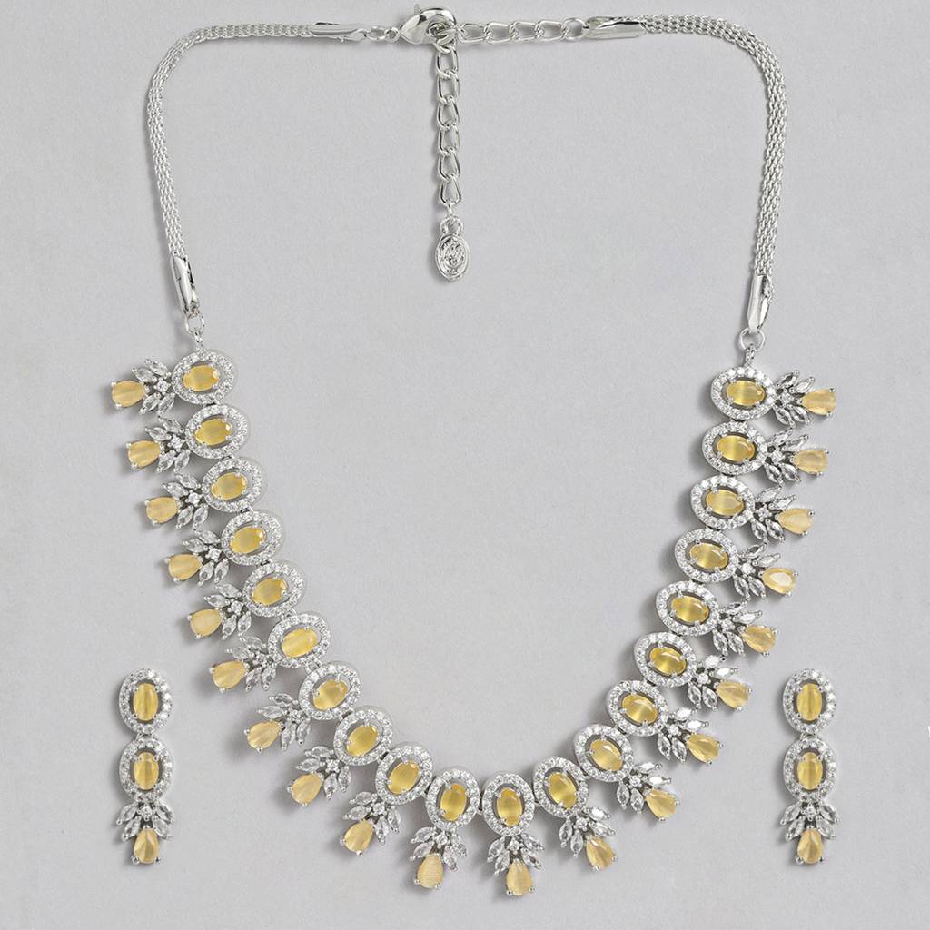 Estele Rhodium Plated Cz Exquisite Necklace Set With Mint Yellow Stones For Women : AD-701-IR-MYNKER