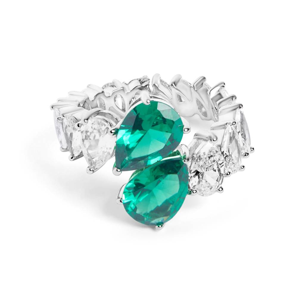 Silver Emerald Pear Cocktail Ring : R007-WH-E-11