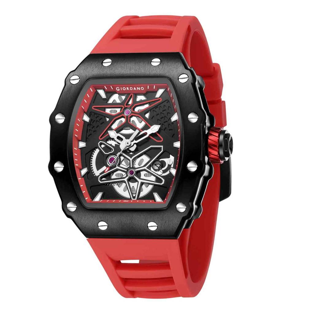 Giordano Analog Skeleton Dial Watch For Men Â Tonneau Case, Silicone Strap, Open-Gear Sport Design, Quartz Mov : GZ-50188-66