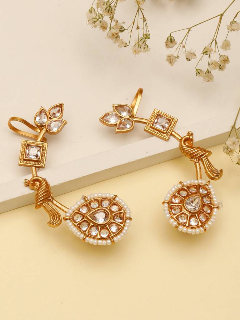 Gold-Plated Kundan Studded Peacock Shaped Ear Cuff Earrings : VI25EROX100059
